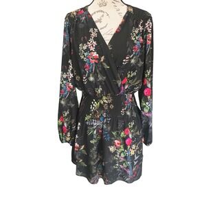 Parker Black Floral Long Sleeve Smocked Waist V Neck Wrap Mini Dress Size‎ Small